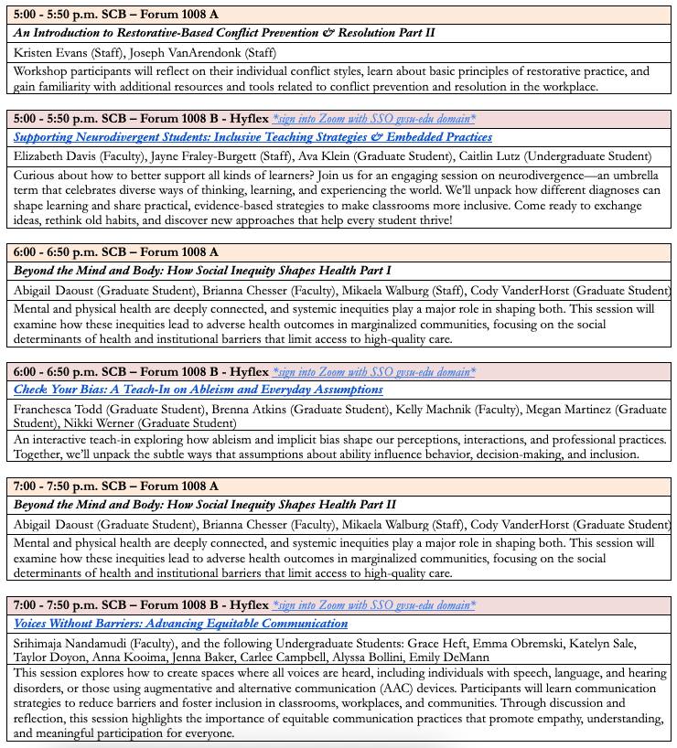 screenshot of the 2025 wednesday evening program, with sessions listed by hour with included descriptions
